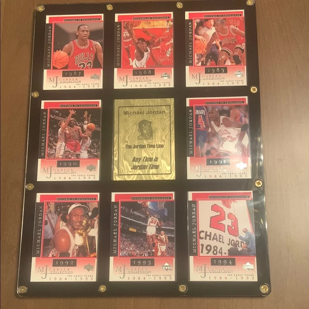 Michael Jordan 🏀 Timeline Card Display-Black & Gold Frame / Red Cards 1987-1994